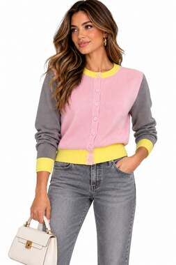 Zara NWT Colorblock Knit Cardigan Sweater Pink Yellow Gray Button Front Size L